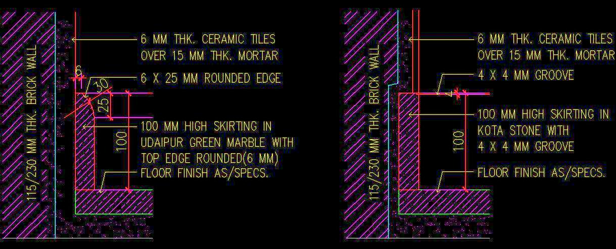 Stone Skirting Section Detail CAD- Groove & Rounded Edge Styles